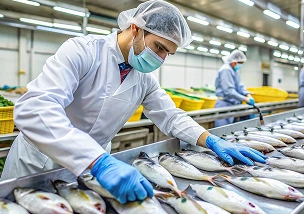 Aquaculture professional inspecting fish as investment builds commercial production